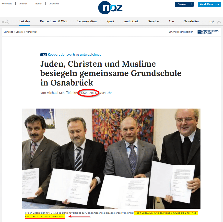 Muslimische Partei Deutschlands? Im Faktencheck – mimikama.org Screenshot und Quelle: noz.de / 2011 / Fotograf: Klaus Lindemann / Die Kooperationsverträge (von links nach rechts) Metin Süer, Avni Altiner, Michael Grünberg und Theo Paul. FOTO: KLAUS LINDEMANN