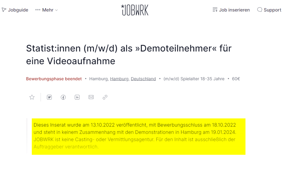 Statisten für Demo? 2 Jahre alte Jobanzeige sorgt für Fakenews – mimikama.org Screenshot Jobwrk (hier archiviert)
