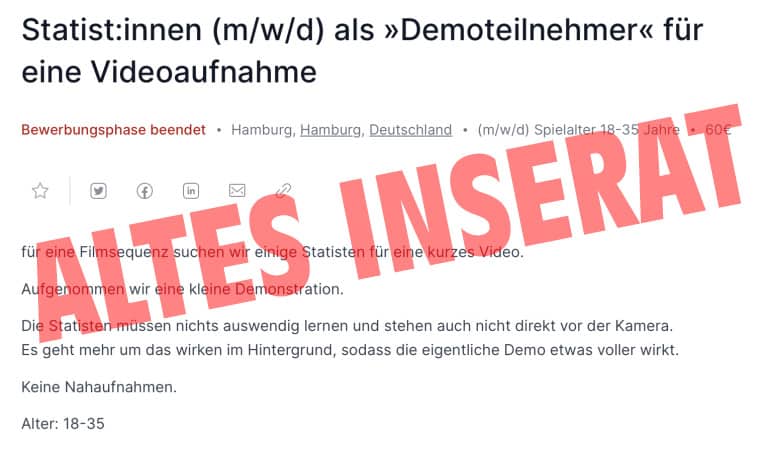 Statisten für Demo? 2 Jahre alte Jobanzeige sorgt für Fakenews – mimikama.org Screenshot der Jobanzeige