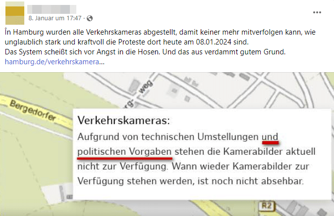 Verkehrskameras wegen Ukraine-Krieg abgeschaltet, nicht wegen Bauernprotest – mimikama.org
Screenshot Facebook (hier archiviert)