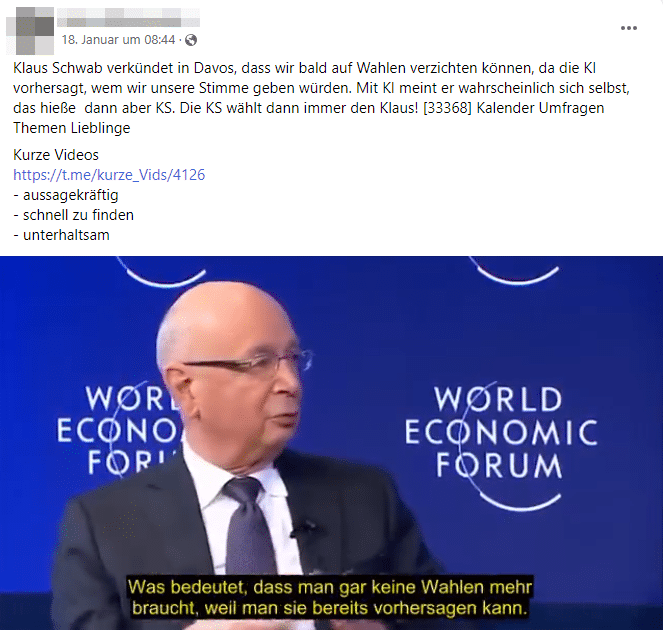 Klaus Schwab in Kontroverse: 7 Jahre altes Video sorgt für Diskussion – mimikama.org Screenshot Facebook (hier archiviert)
