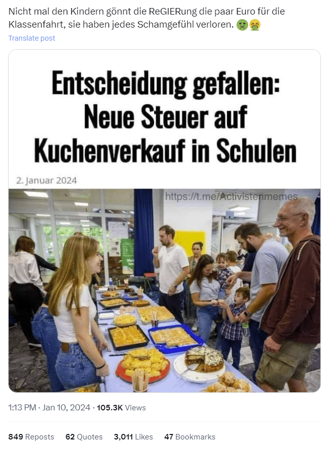 Kuchenverkauf von Schülern bleibt steuerfrei – mimikama.org Screenshot der Behauptung in sozialen Medien