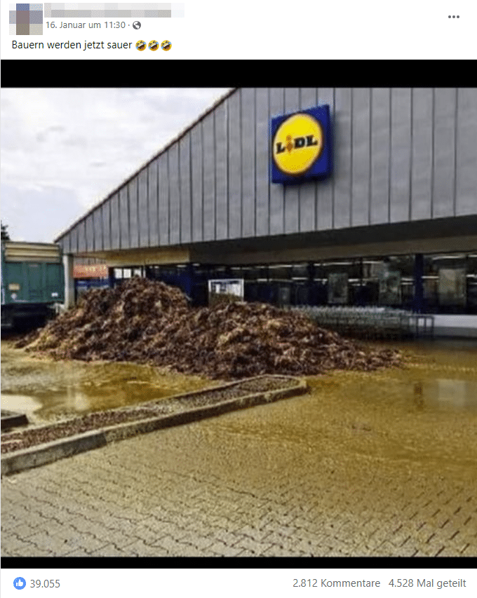 Aufgedeckt: Misthaufen vor Lidl stammt nicht aus aktuellen Protesten – mimikama.org Screenshot soziale Medien