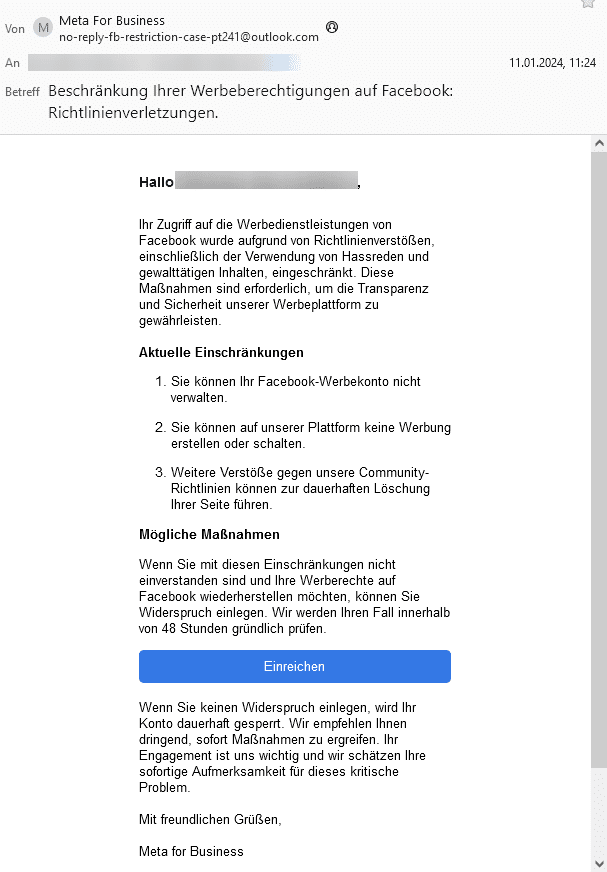 Screenshot of the supposed email from Meta