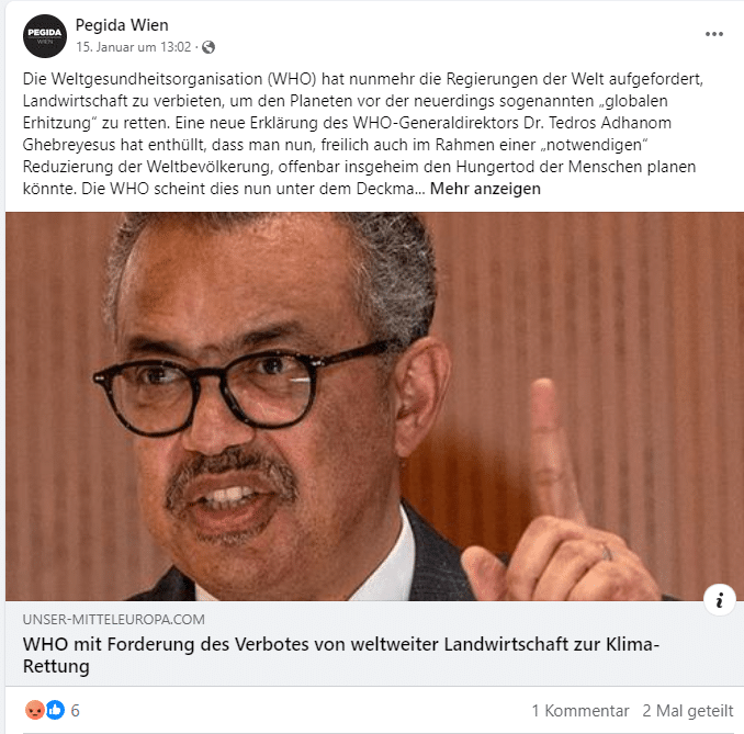 Kein Verbot: WHO empfiehlt nur Änderungen in der Landwirtschaft – mimikama.org Screenshot Facebook der falschen Behauptung (hier archiviert)