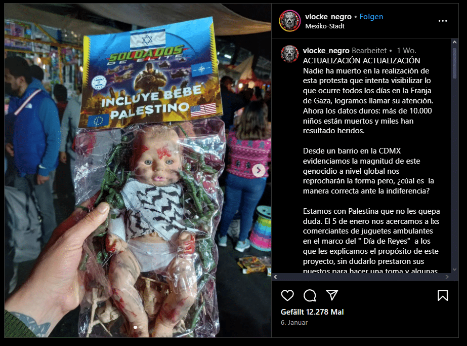 Blutige palästinensische Babypuppen aus Israel? Nein, Kunstprojekt! – mimikama.org Screenshot soziale Medien