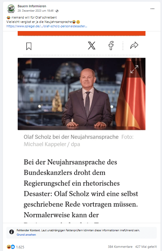 Angebliche Krankmeldungen von Scholz' Redenschreibern: Eine Glosse, keine Nachricht – mimikama.org Screenshot soziale Medien
