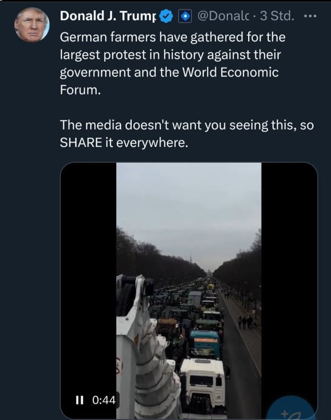 Beitrag zu den Bauernprotesten stammt nicht von Donald Trump – mimikama.org Screenshot auf X