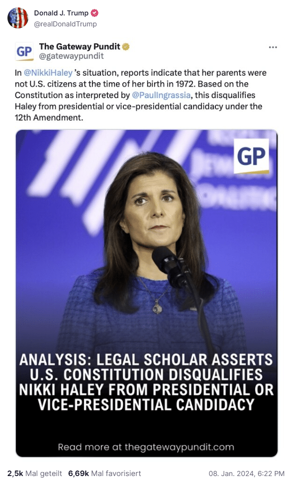 Trump verbreitet falsche Informationen über Nikki Haleys Wählbarkeit – mimikama.org Screenshot truthsocial / Donald Trump (hier archiviert)