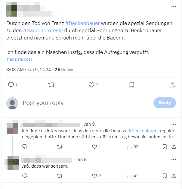 Programmwechsel im Fernsehen - Beckenbauer und Bauernproteste – mimikama.org Screenshot auf X