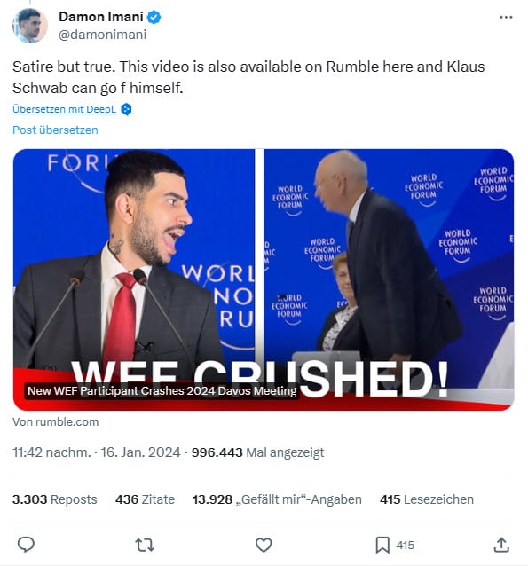 Beleidigung auf der Bühne? WEF-Video entpuppt sich als Satire – mimikama.org Screenshot X (Damon Imani auf X)