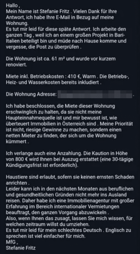 Vorsicht Falle: Wohnungssuche und Betrugsmaschen! – mimikama.org Screenshot einer fragwürdigen Mail