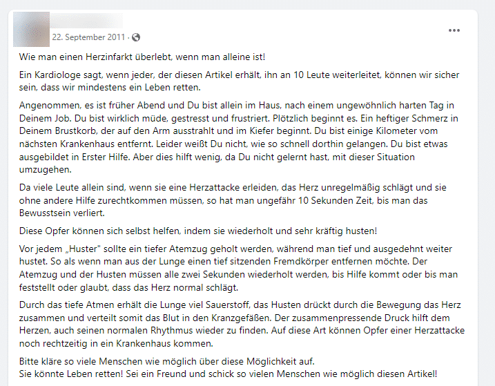 Faktencheck: Wenn du alleine bist und einen Herzinfarkt hast – mimikama.org Screenshot Statusbeitrag aus dem Jahr 2011