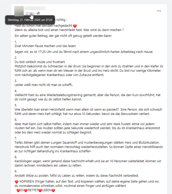 Faktencheck: Wenn du alleine bist und einen Herzinfarkt hast – mimikama.org Statusbeitrag aus dem Jahr 2024