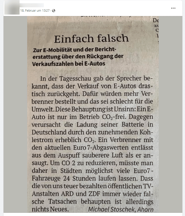 Faktencheck: Diesel- und Benzin-Verbrenner stoßen immer CO2 aus – mimikama.org Screenshot der Behauptung in sozialen Medien