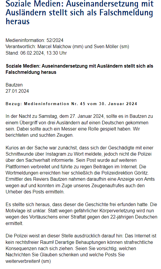 Virtuelle Hetze: der Messerangriff in Bautzen – mimikama.org Screenshot der Medieninformation vom 06.02.2024