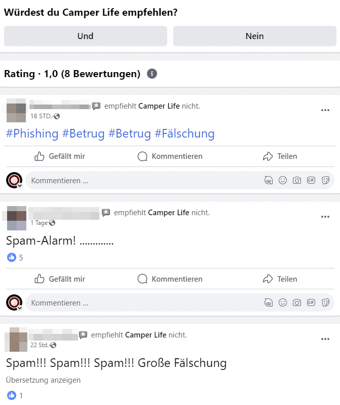 Camper-Fake: Vorsicht vor dem Lockangebot! – mimikama.org Screenshot Nutzerbewertungen auf Facebook