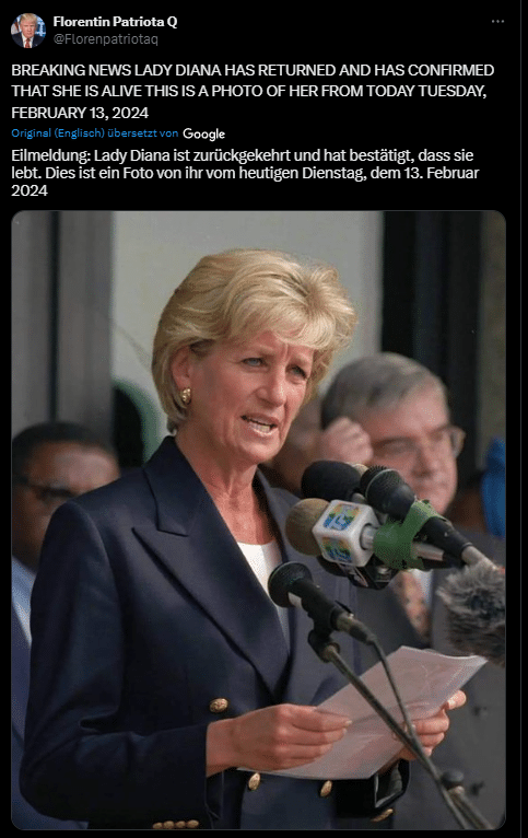 Prinzessin Diana lebt? Die Wahrheit hinter dem digital bearbeiteten Foto – mimikama.org Screenshot des manipulierten Fotos
