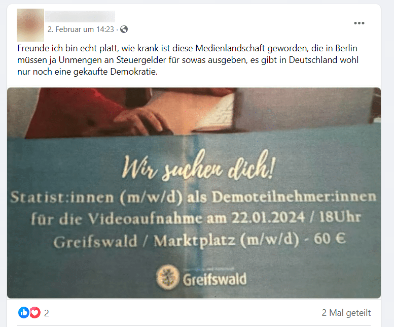 Proteste gegen Bezahlung? Greifswalds Fake-Jobanzeige – mimikama.org Screenshot soziale Medien des gefälschten Flyers