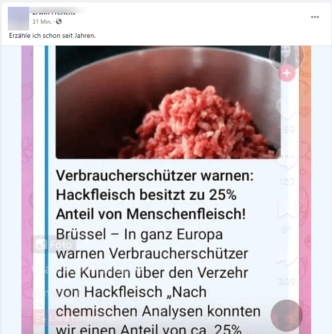 Menschenfleisch in Hackfleisch entlarvt! Skandal oder Satire? – mimikama.org Screenshot von Webseite "The Chintzy Herald" / soziale Medien