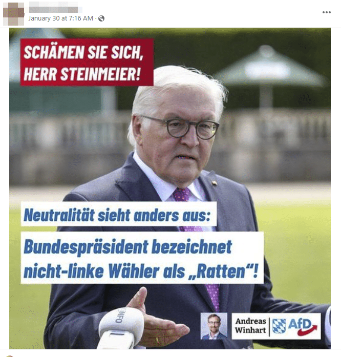 Steinmeiers Rattenfänger-Metapher im Faktencheck – mimikama.org Screenshot Facebook "Bundespräsident bezeichnet nicht-linke Wähler als "Ratten"!