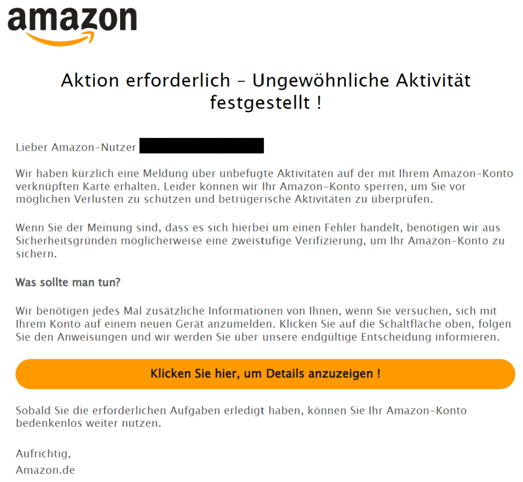 Screenshot der gefälschten Amazon E-Mail