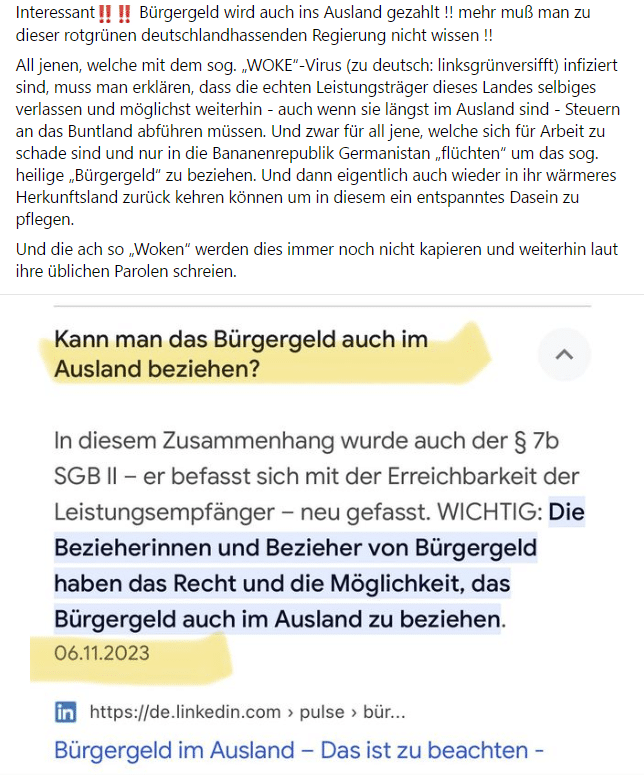 Bürgergeld nur mit Wohnsitz in DE? – mimikama.org Screenshot Facebook