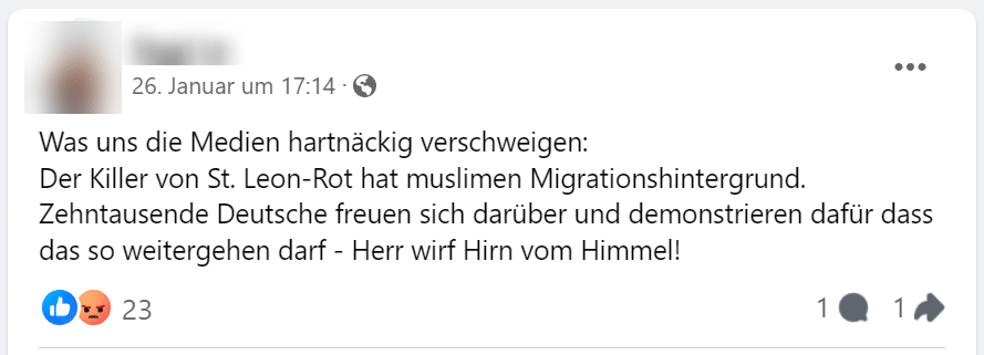 Gerüchte im Netz: Der Tatverdächtige von St. Leon-Rot – mimikama.org Screenshot Facebook