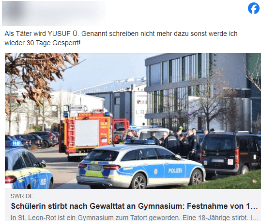 Gerüchte im Netz: Der Tatverdächtige von St. Leon-Rot – mimikama.org Screenshot Facebook