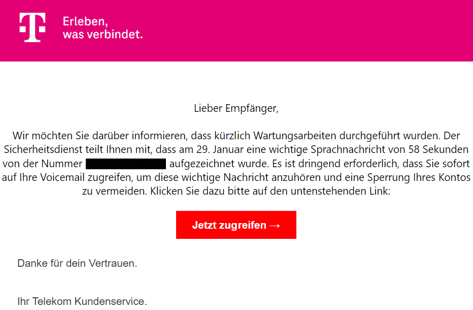 Screenshot gefälschte Telekom E-Mail