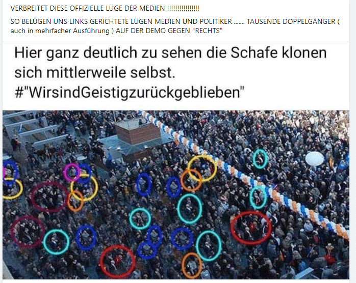 Aufnahmen von Demonstrationen gegen Rechtsextremismus in Deutschland wurden manipuliert – mimikama.org Screenshot Facebook