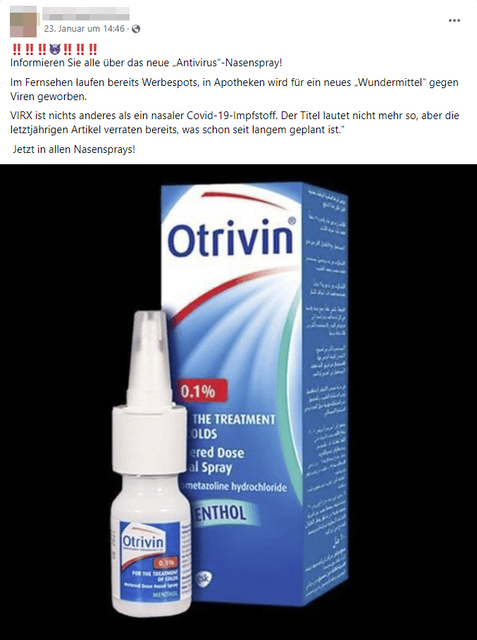 VirX-Nasenspray vs. Covid-Impfung: Ein klarer Fakt – mimikama.org Screenshot Facebook