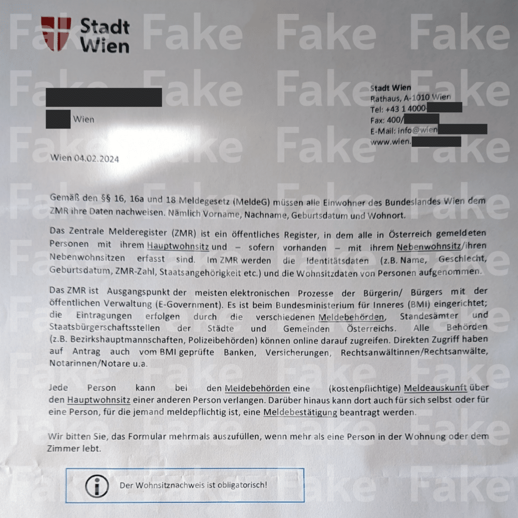 Gefälschter Brief im Namen der Stadt Wien