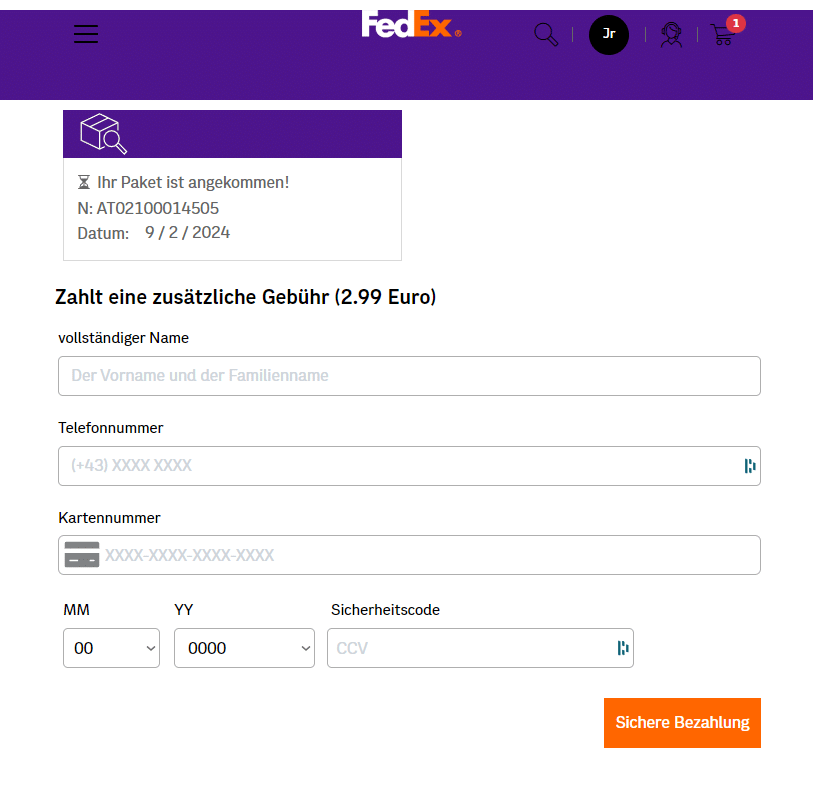 Screenshot der gefälschten FedEx-Seite