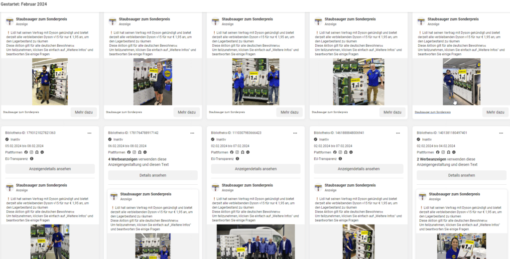 Vorsicht, Falle: Der Lidl-Dyson-Schwindel auf Facebook – mimikama.org Screenshot Werbebibliothek der Facebook-Seite "Staubsauger zum Sonderpreis"