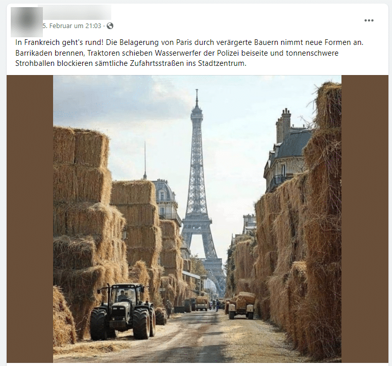 Faktencheck: Strohballen vor dem Eiffelturm – mimikama.org Screenshot Facebook