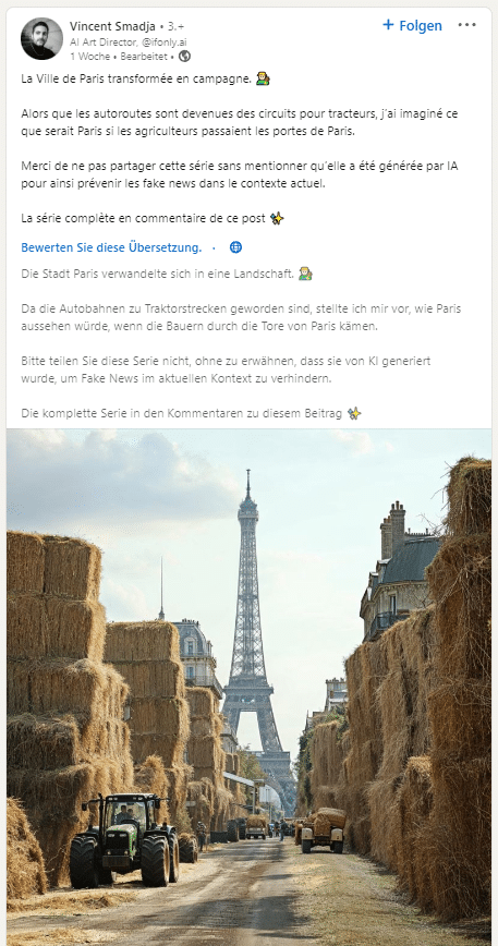 Faktencheck: Strohballen vor dem Eiffelturm – mimikama.org Screenshot LinkedIn, Vincent Smadja