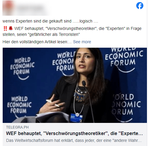 Verschwörung entlarvt: Kein Beweis für WEF-Zitat! – mimikama.org Screenshot Facebook