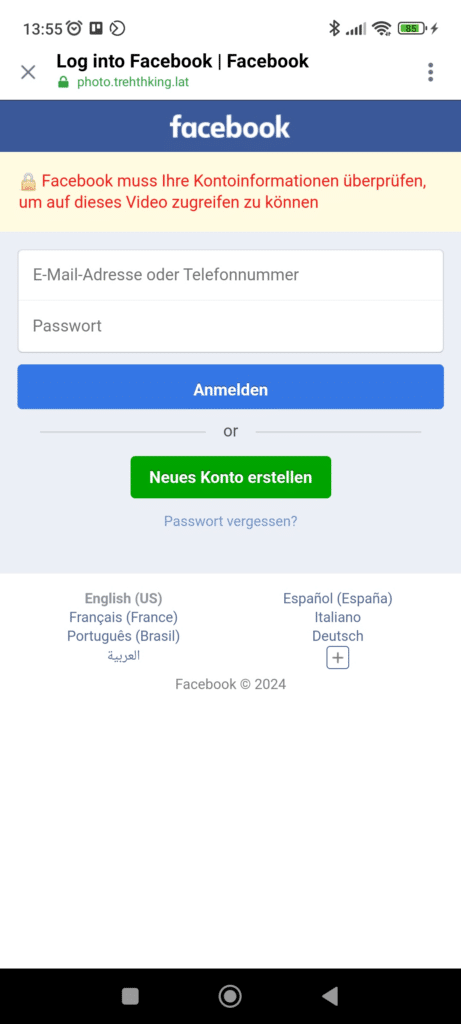 Achtung Phishing: Falscher Unfallalarm lockt auf Facebook – mimikama.org Screenshot gefälschtes Facebook-Login