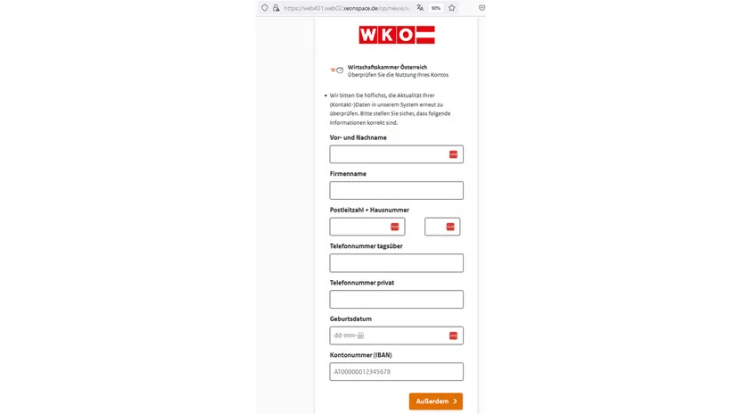 Screenshot der gefälschten WKÖ-Webseite
