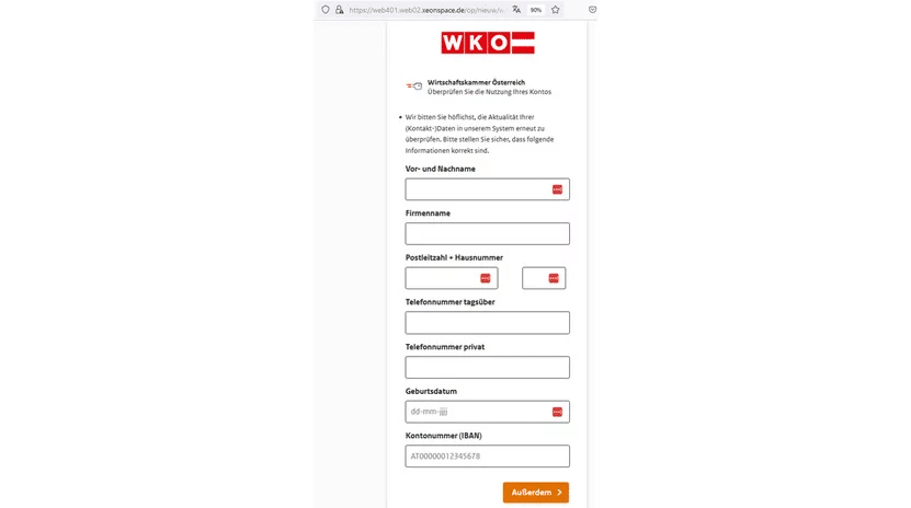 Gefahr im Posteingang: WKÖ-Phishing-Alarm – mimikama.org Screenshot der gefälschten WKÖ-Webseite
