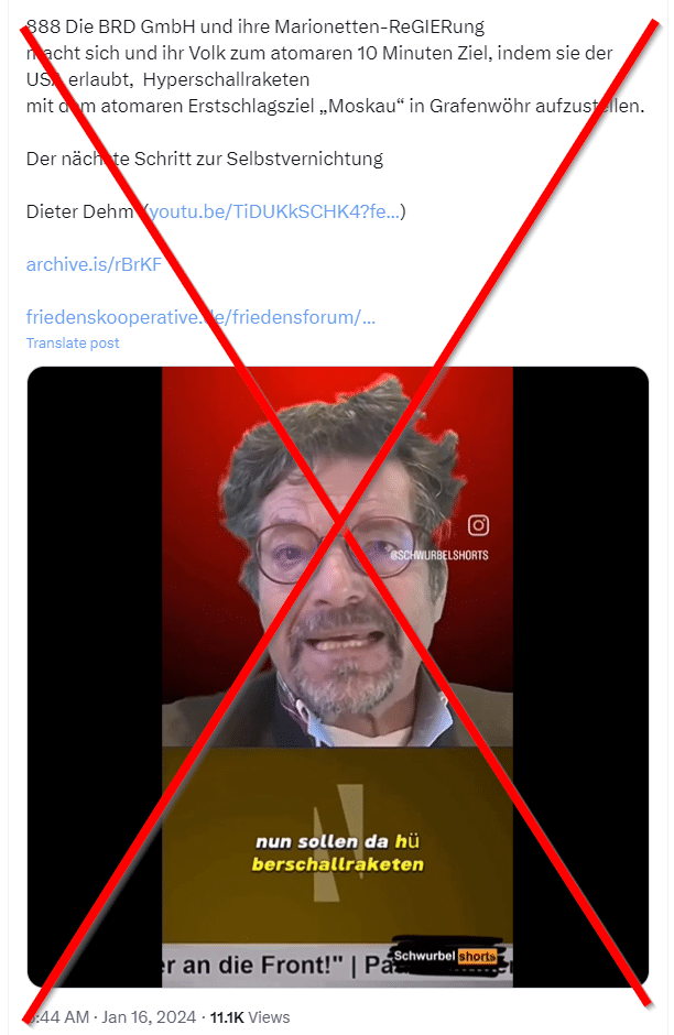 Grafenwöhr ohne Hyperschall-Raketen: Die Wahrheit – mimikama.org Screenshot X / Twitter