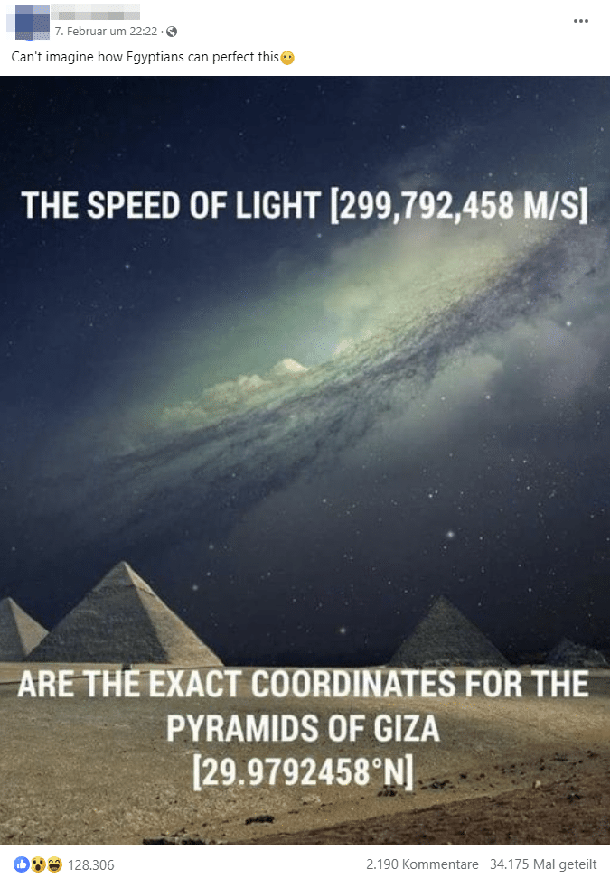 Gizeh-Pyramide & Lichtgeschwindigkeit: Mythos im Faktencheck – mimikama.org Screenshot Facebook