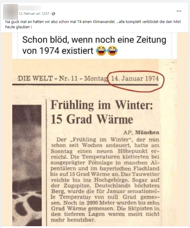 Klimawandel: 15 Grad Wärme im Januar 1974 (Faktencheck) – mimikama.org Screenshot Facebook