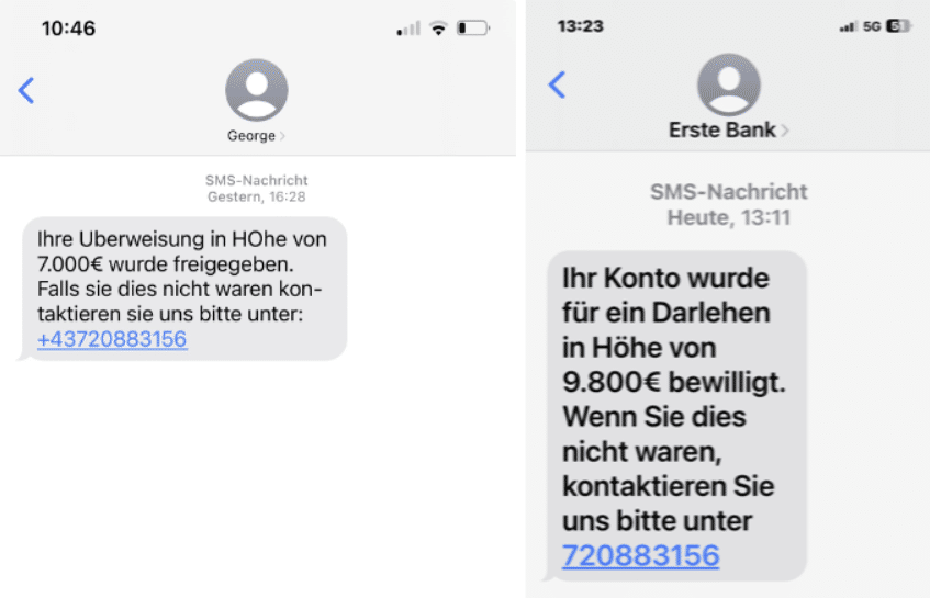 Screenshots der Fake-SMS