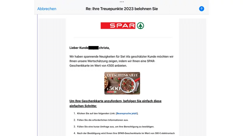 Vorsicht, Falle! Spar-Geschenkkarte und Klimaticket als Datendiebstahl-Trick – mimikama.org Gefälschtes E-Mail im Namen von Spar