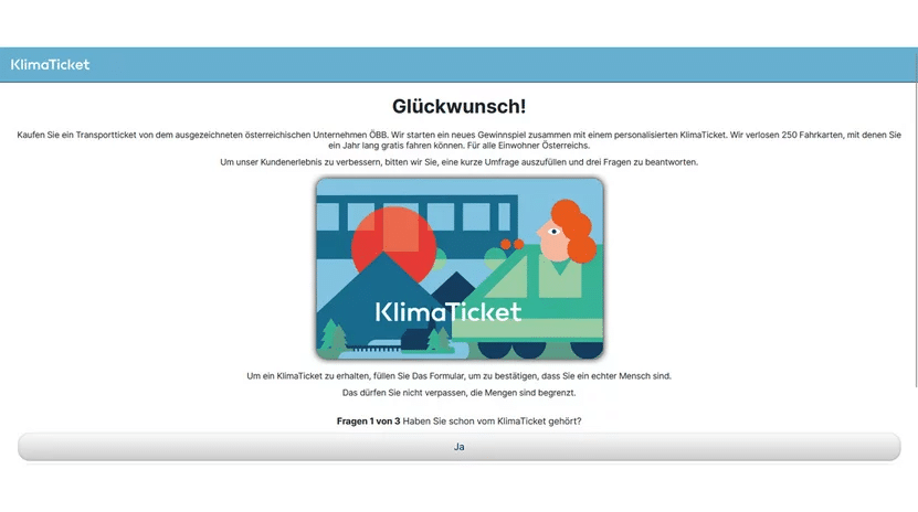 Vorsicht, Falle! Spar-Geschenkkarte und Klimaticket als Datendiebstahl-Trick – mimikama.org Es wird zum möglichen Gewinn gratuliert