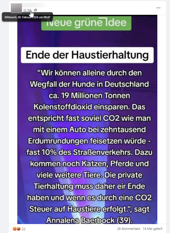 Haustierverbot durch die Grünen? Nein! – mimikama.org Screenshot Facebook