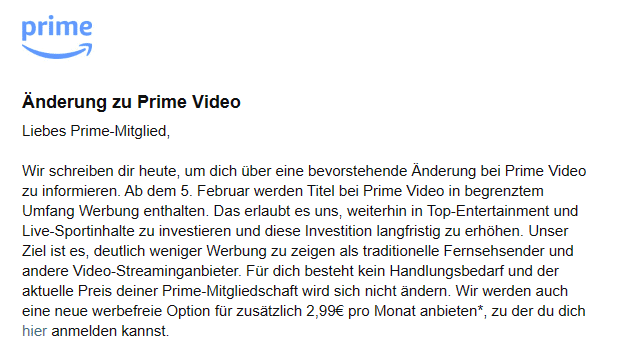 Amazon Prime Video: Werbe-Welle im Anmarsch – mimikama.org Screenshot Amazon-Mail