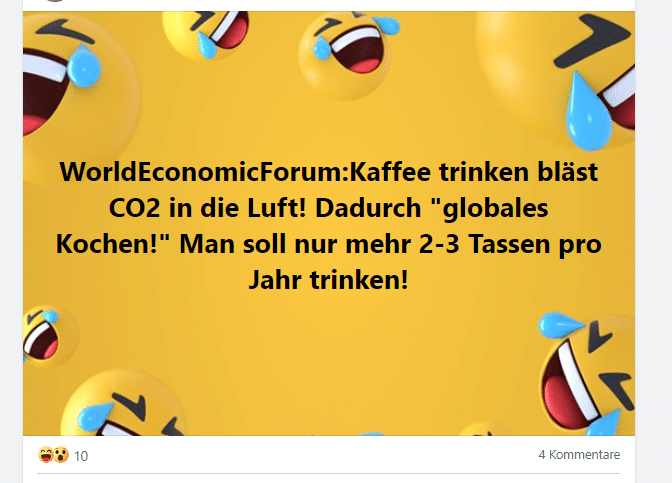 WEF-Empfehlung zu Kaffee? Ein reines Aufgussgerücht! – mimikama.org Screenshot der Behauptung in sozialen Medien